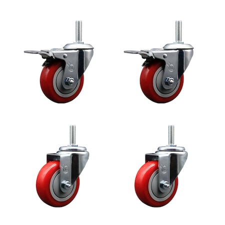 Service Caster 35 Inch Red Polyurethane Swivel 58 Inch Threaded Stem Caster Set 2 Total Lock Brakes SCC-TSTTL20S3514-PPUB-RED-58212-2-S2